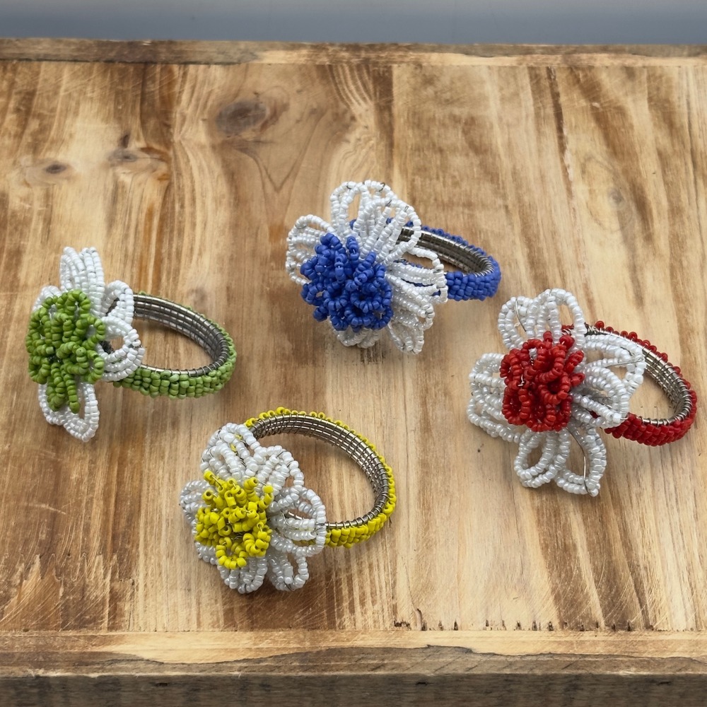 Beaded Flower Napkin Rings Multicolor Floral Set of 4 Spring Decor Cottagecore